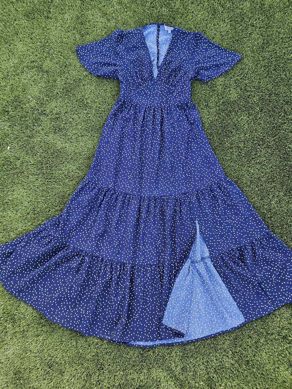 Anna Kay Paris Navy Polka Dot Tiered Maxi Dress V-Neck Tie Back L (M) NWOT